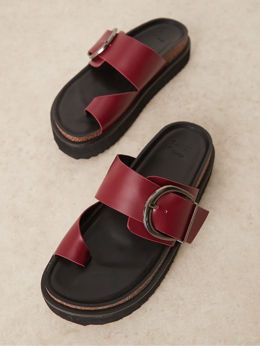 Dark Cherry Buckle Toe-Ring Slide Sandals